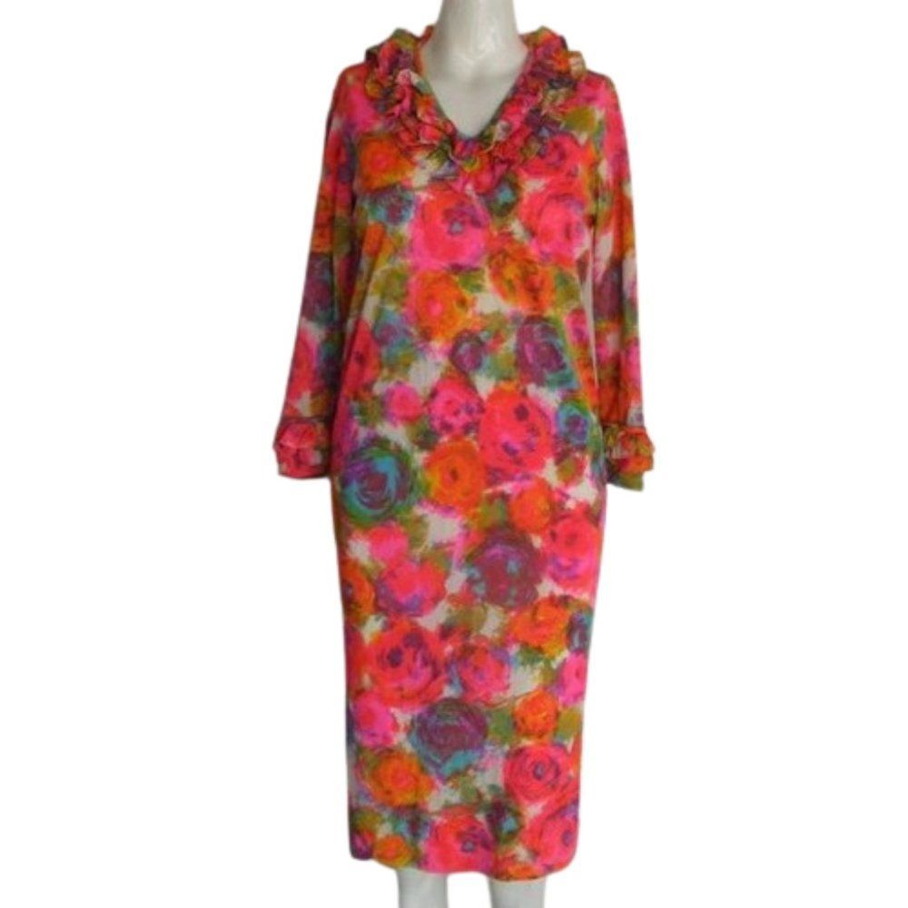 60's Vintage Dress, XS/S, Bright color, Ruffle neck/Cuffs, Abstract Floral - Picture 8 of 10